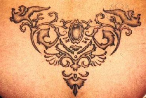 Lower Back Tribal Grey Ink Tattoo